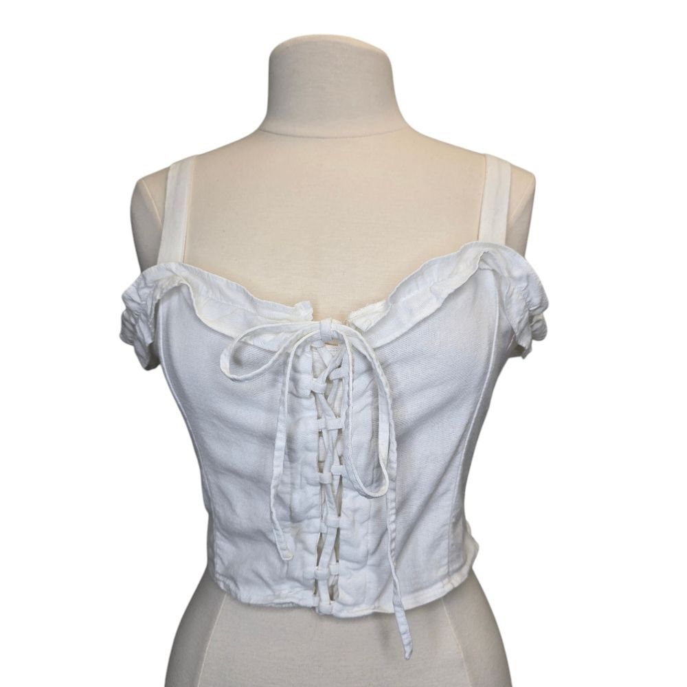Cotton On Women's L Linen Blend Ruffled White Corset Front Crop Top